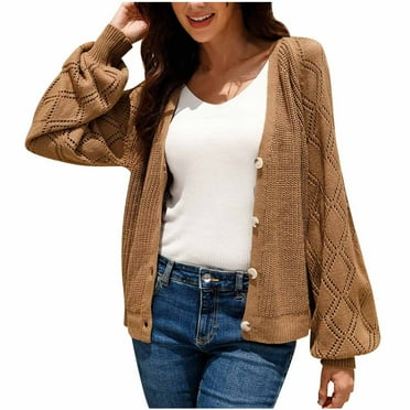Knit Sweater Cardigan for Women Button Down Long Sleeve V Neck Casual Spring Fall Coat Outerwear Jacket Blouses (S, Khaki)
