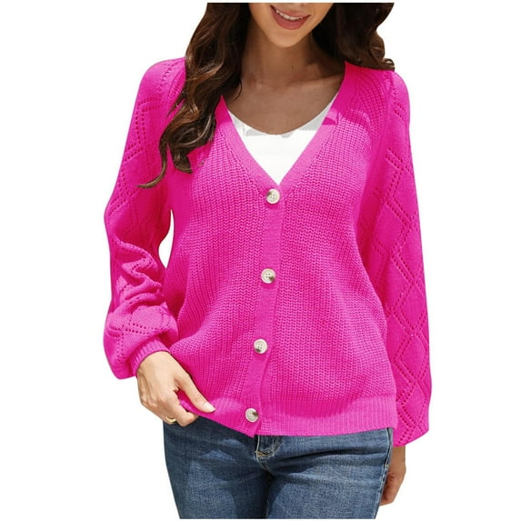 Knit Sweater Cardigan for Women with Button Long Sleeve V Neck Casual Spring Fall Coat Outerwear Jacket Blouses (L, Hot Pink)