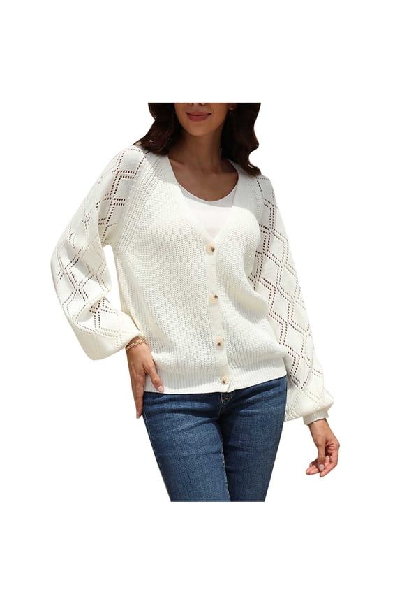 Knit Sweater Cardigan for Women with Button Long Sleeve V Neck Casual Spring Fall Coat Outerwear Jacket Blouses (L, White)