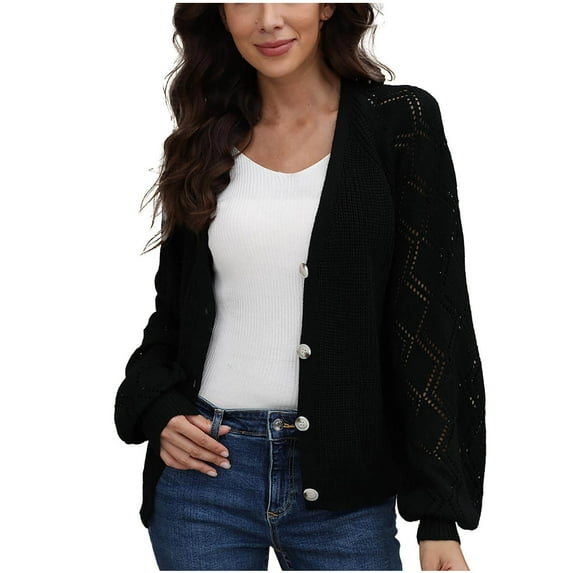 Knit Sweater Cardigan for Women with Button Long Sleeve V Neck Casual Spring Fall Coat Outerwear Jacket Blouses (M, Black)
