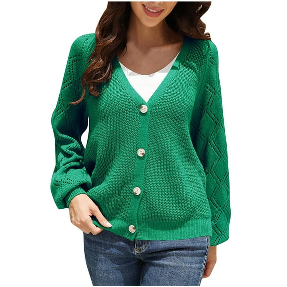 Knit Sweater Cardigan for Women with Button Long Sleeve V Neck Casual Spring Fall Coat Outerwear Jacket Blouses (M, Green)
