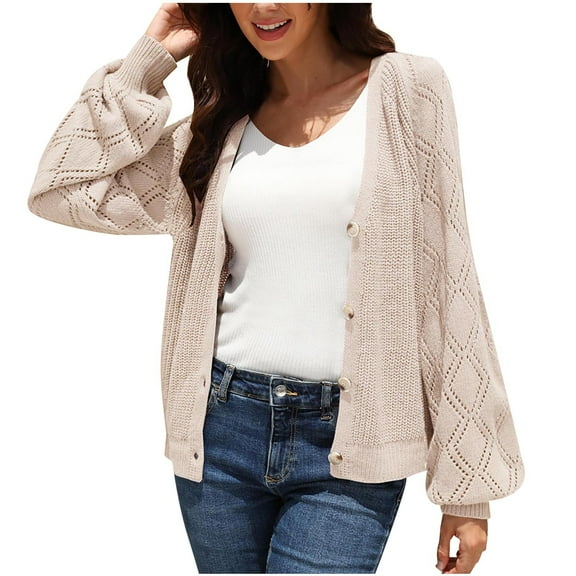 Knit Sweater Cardigan for Women with Button Long Sleeve V Neck Casual Spring Fall Coat Outerwear Jacket Blouses (S, Beige)