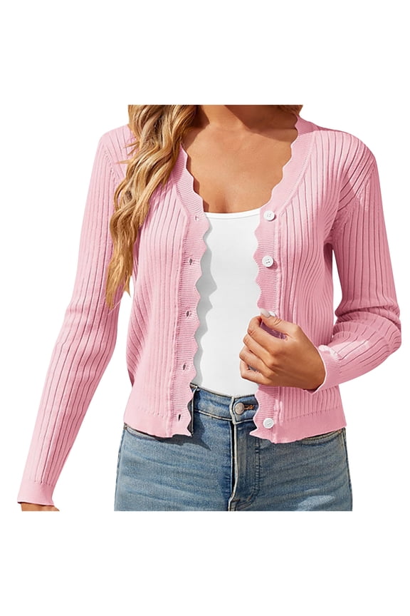 Knit Sweater Cardigans for Women Button Down Long Sleeve Scallop Ribbed Crop Short Jackets Fall Casual Outerwear (2XL, Pink)
