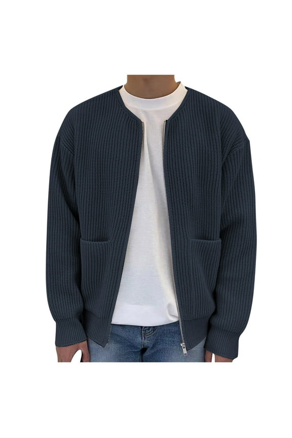 Knit Sweater Cardigans with Pockets Mens Zipper Open Front Cardigan Jacket Long Sleeve Loose Casual Fall Coat (3XL, Dark Blue)
