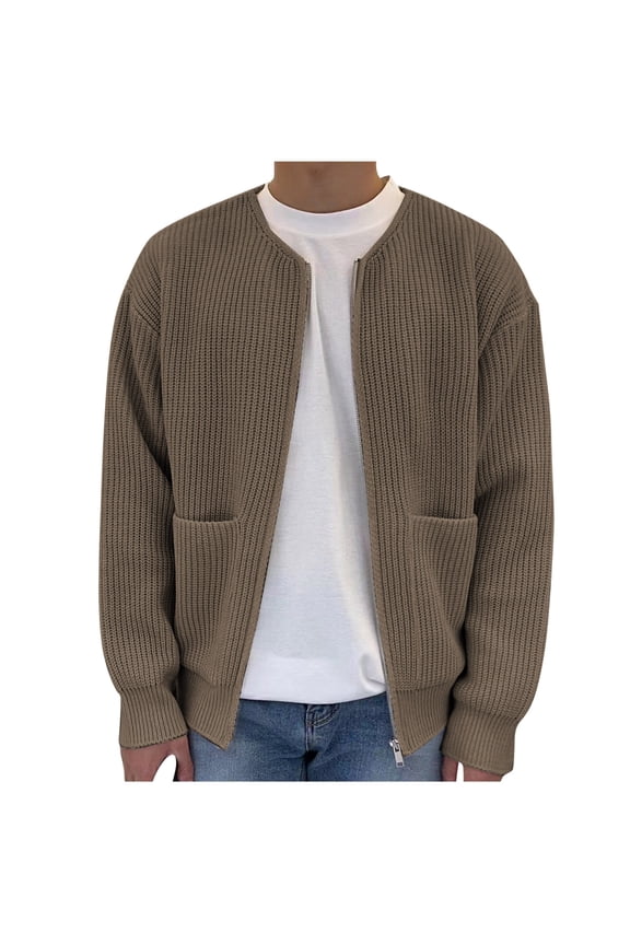 Knit Sweater Cardigans with Pockets Mens Zipper Open Front Cardigan Jacket Long Sleeve Loose Casual Fall Coat (3XL, Khaki)