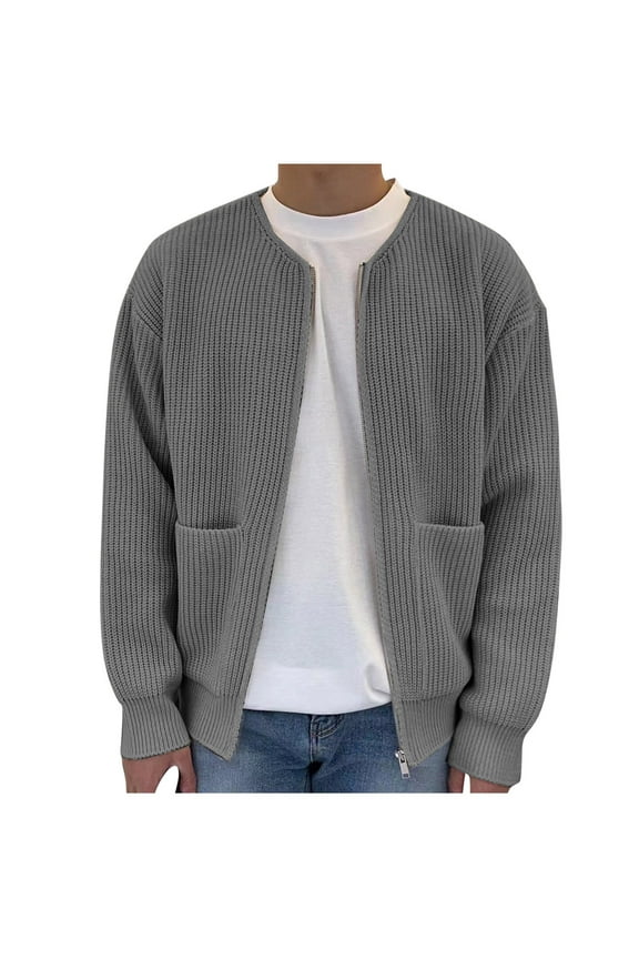 Knit Sweater Cardigans with Pockets Mens Zipper Open Front Cardigan Jacket Long Sleeve Loose Casual Fall Coat (S, Gray)