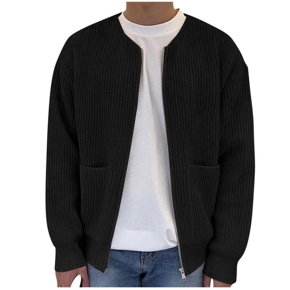 Knit Sweater Cardigans with Pockets Mens Zipper Open Front Cardigan Jacket Long Sleeve Loose Casual Fall Coat (XL, Black)