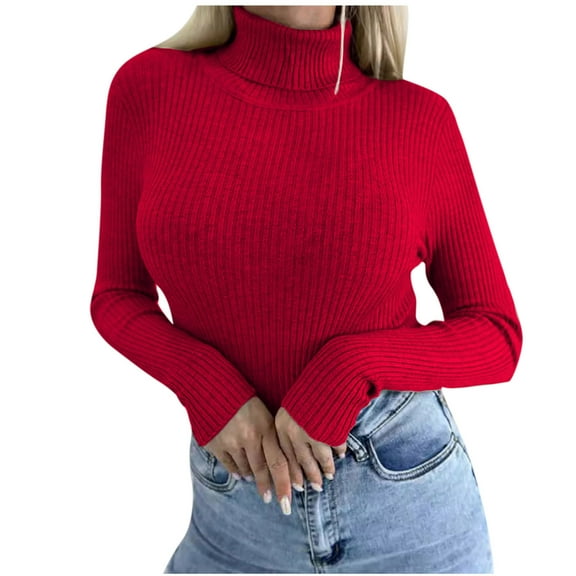 Knit Sweater Fashion Women's Casual Solid Color Knitted Sweater Turtleneck Sweater Women Lightweight Long Sleeve Shirts Tunic Tops Slim Pullover