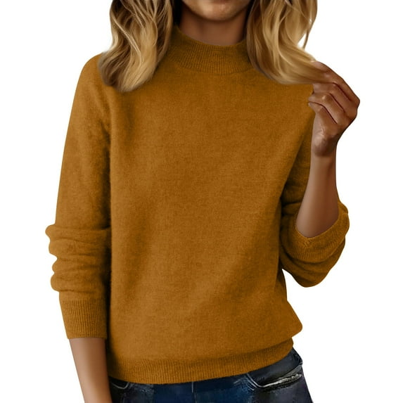 Helii Knit Sweater Fall Winter Fashion Turtleneck Long Sleeve Casual Knit Pullover Chunky Solid Color Slim Fit Shirt Winter Going Out Tops Crew Neck Knitted Tops Brown S Size