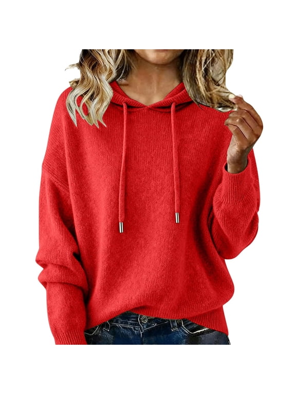 Knit Sweater Hoodie for Women Long Sleeve Casual Loose Drawstring Hooded Sweatshirt Plain Pullover Tops (2XL, Red)