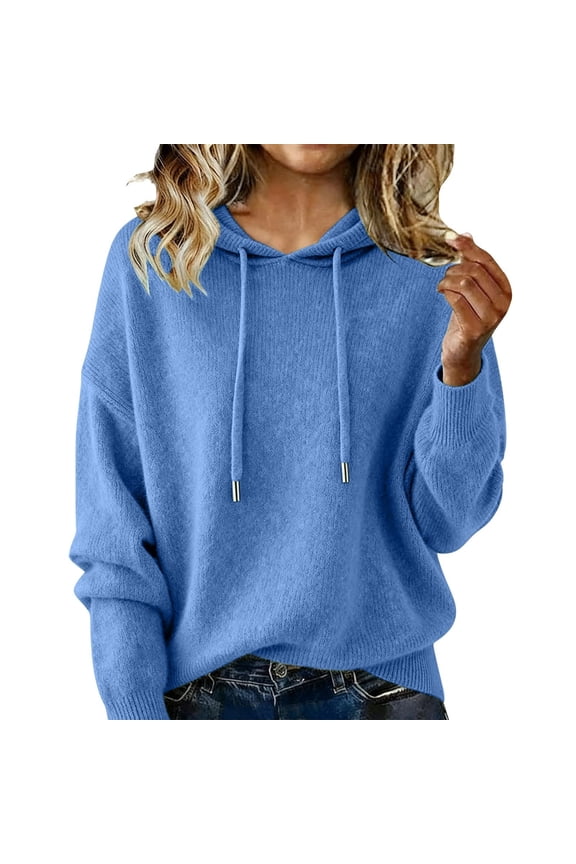 Knit Sweater Hoodie for Women Long Sleeve Casual Loose Drawstring Hooded Sweatshirt Plain Pullover Tops (XL, Blue)