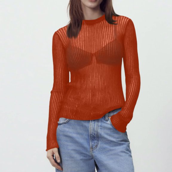 Knit Sweater Tops for Women See Through Crew Neck Long Sleeve Loose Pullover Top Spring Summer Beach Casual Comfortable