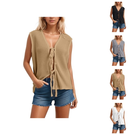 Knit Sweater Vest Front Tie Casual Beach Cover Up Tunic Top Soft Stretchy Loose Fit Outwear Layer