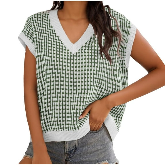 Knit Sweater Vest for Women Trendy Plaid Lattice Print V Neck Sleeveless Jumpers Tops Fall Spring Casual Knitwear (L, Green)