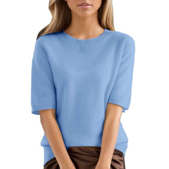 Knit Sweater for Women, Yigetop Women Fall Sweaters Loose Fit Short Sleeve Lightweight Tunic Tops 2025 Dressy Casual Business Blouses Womens Short Sleeve Sweater Sky Blue XL