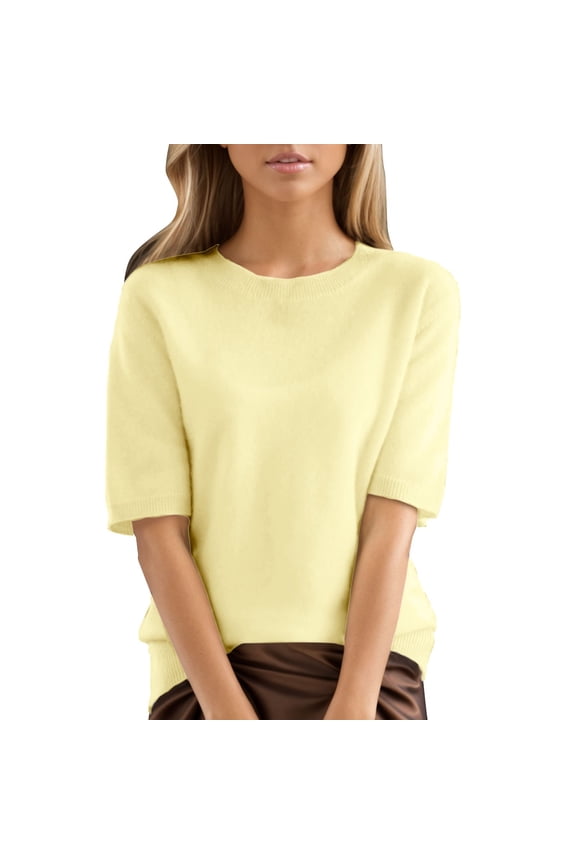Knit Sweater for Women, Yigetop Women Fall Sweaters Loose Fit Short Sleeve Lightweight Tunic Tops 2025 Dressy Casual Business Blouses Womens Short Sleeve Sweater Yellow2 M