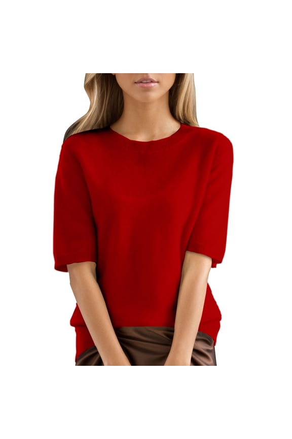 Knit Sweater for Women, Yigetop Women Fall Sweaters Loose Fit Short Sleeve Lightweight Tunic Tops 2025 Dressy Casual Business Blouses Womens Short Sleeve Sweater Wine 2XL