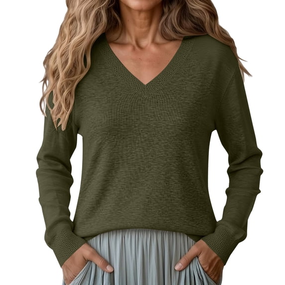 Knit Sweater,deep V Neck Tops for Women Modest Tops Ladies Casual Tops Loose Fit Comfort Sweatshirt Tops for Women Trendy Ribbed Tops Solid Color Sweat Shirts for Womens,Green,M