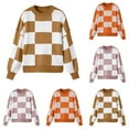 thumbnail image 1 of Knit Sweater for Women Contrast Checkerboard Knitted Autumn Winter Loose Lazy Patchwork Sweaters Sweater Khaki L, 1 of 6