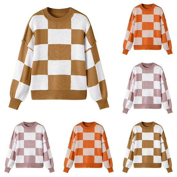Knit Sweater for Women Contrast Checkerboard Knitted Autumn Winter Loose Lazy Patchwork Sweaters Sweater Khaki L