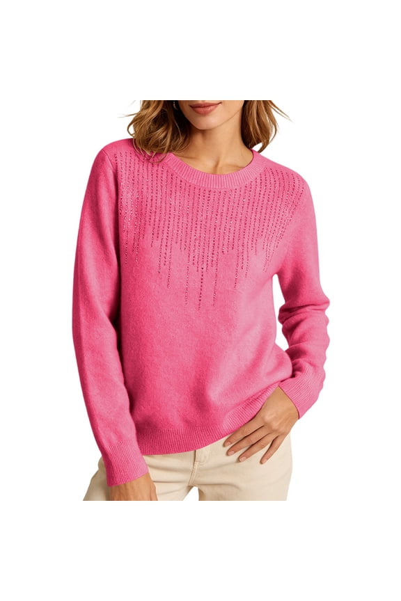 Knit Sweater for Women Fall Rhinestone Top Long Sleeve Crewneck Shirts