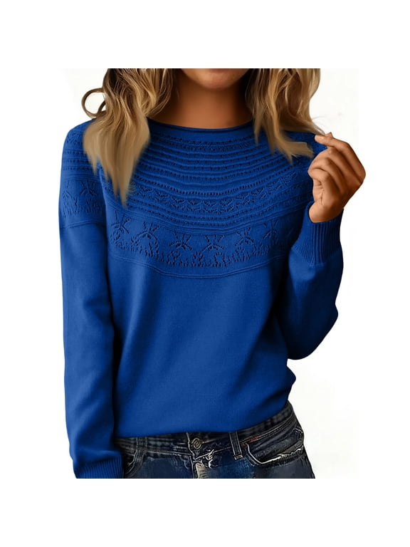 Knit Sweater for Women Long Sleeve Crew Neck Cute Sweaters Dressy Causal Loose Hollow Warm Soft Cozy Tunic Pullover,L