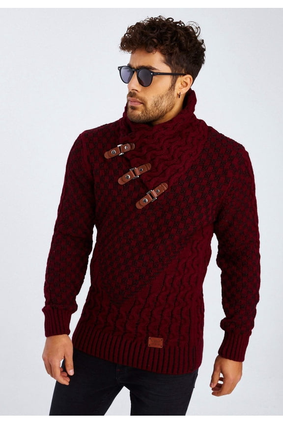 Knit Sweater with Textured Pattern and Buckle Details – Bordeaux