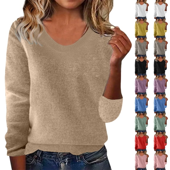 Knit Sweaters for Women V Neck Long Sleeve Jumper Knitted Pullover Warm Knit Sweater Tops White L