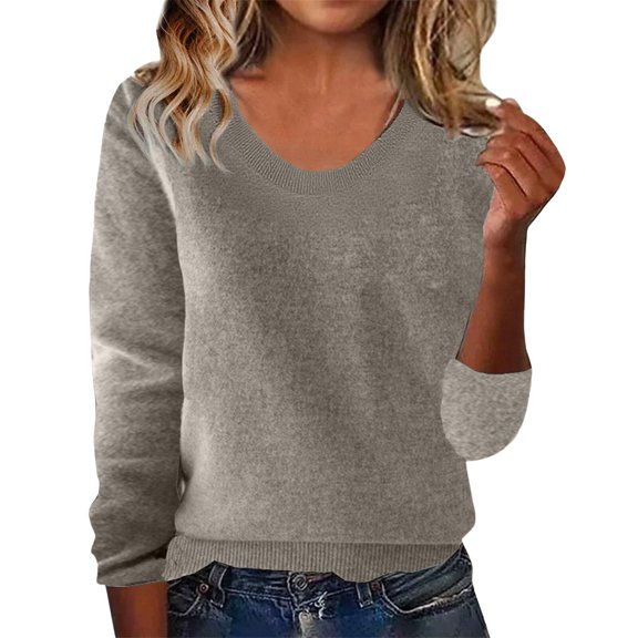 Knit Sweaters for Women V Neck Loose Long Sleeve Winter Warm Wool Knit Pullover Tops Cozy Tunic Sweater Gray 2XL