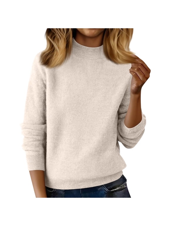 Knit Sweaters for Women Warm Knitted Mock Turtleneck Tops Fall Winter Long Sleeve Soft Sweater Pullover Beige XL