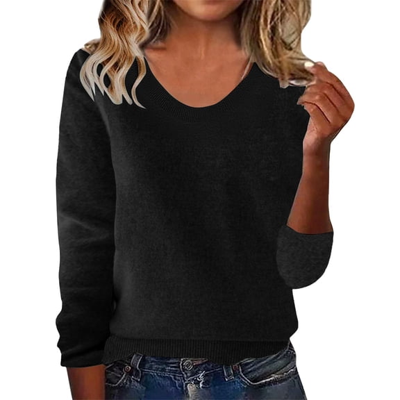 Knit Sweaters for Women Warm Knitted V Neck Tops Fall Winter Long Sleeve Soft Sweater Pullover Black L
