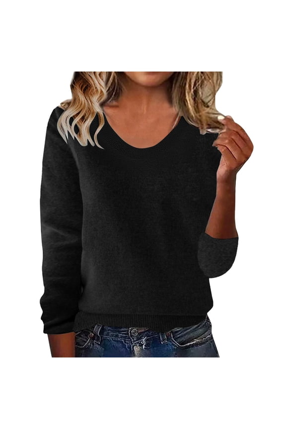 Knit Sweaters for Women Warm Knitted V Neck Tops Fall Winter Long Sleeve Soft Sweater Pullover Black L