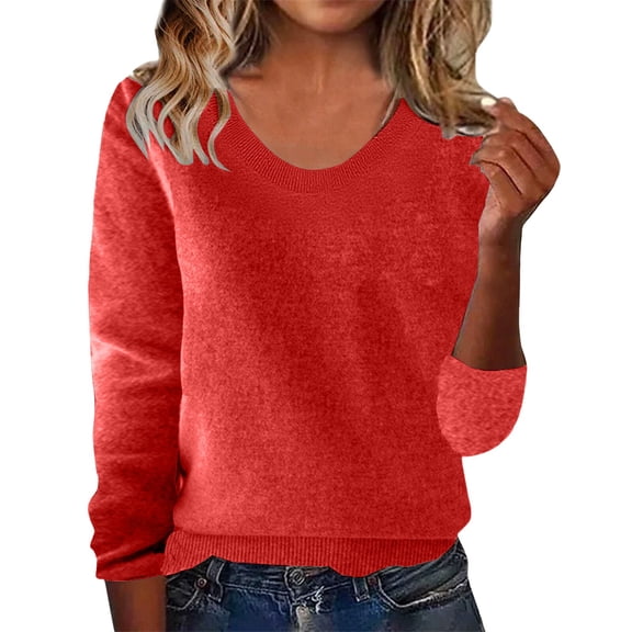 Knit Sweaters for Women Warm Knitted V Neck Tops Fall Winter Long Sleeve Soft Sweater Pullover Red M