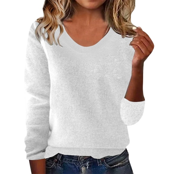 Knit Sweaters for Women Warm Knitted V Neck Tops Fall Winter Long Sleeve Soft Sweater Pullover White 2XL