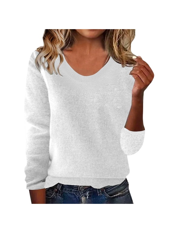 Knit Sweaters for Women Warm Knitted V Neck Tops Fall Winter Long Sleeve Soft Sweater Pullover White S
