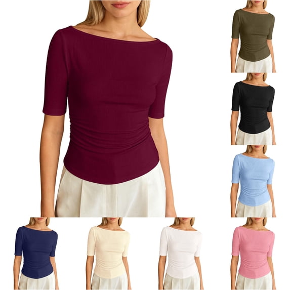 Knit T Shirt Comfortable Casual Solid Color Mid Sleeve Round Neck Top For Daily Wear Juniors Graphic Tops