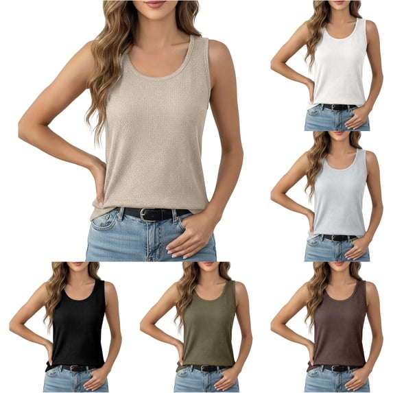 Knit Tank Top Sleeveless Low Round Neck Flowy Casual Tunic Blouse with Waist Tie Athletic Top Women Loose