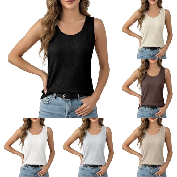 Knit Tank Top Sleeveless Low Round Neck Flowy Casual Tunic Blouse with Waist Tie Athletic Top Women Loose