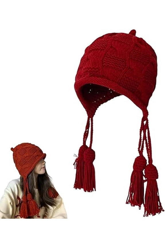 Knit Tassel Hat – Women's Winter Beanie with Vintage Crochet Slouchy Design, Fashionable and Warm for Cold Weather(RL Red 1 PC)