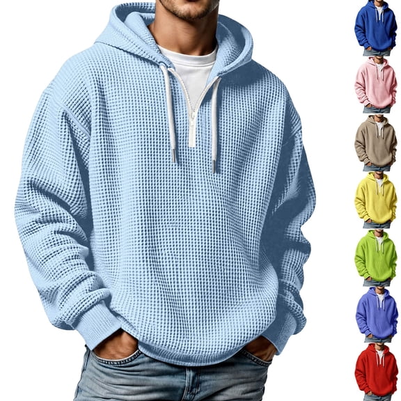 Knit Texture Hooded Sweatshirt for Men, Half Zip Front Casual Warm Lined Hoodie, Cozy Fall Winter Pullover for Everyday Wear Light Blue L