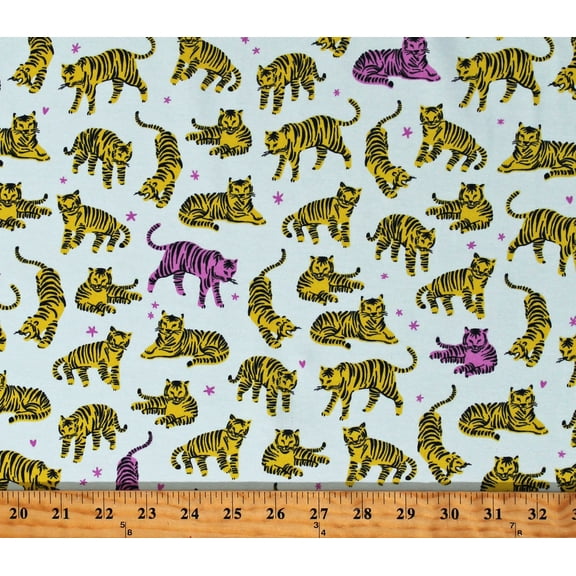 Knit Tigers Big Cats Animals on Mint Wild and Free 58" Wide Cotton/Spandex Fabric by the Yard (AILD-19753-130)