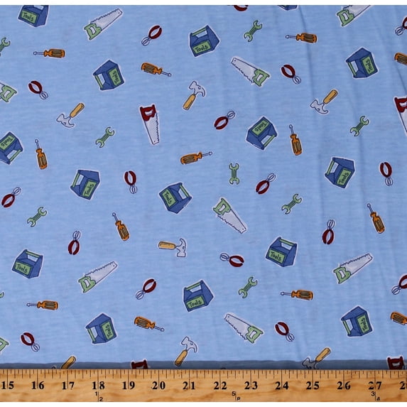 Knit Tools Hammers Saws Pliers Kids Boys Builders Fix It Soft Medium Weight Blue 58" Wide Cotton Blend Fabric by the Yard (1400F-4E-TOOLS)