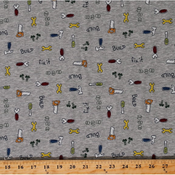 Knit Tools Hammers Wrenches Kids Fix It Builders Gray Medium Weight Soft 58" Wide Cotton Blend Fabric by the Yard (1400F-4B)