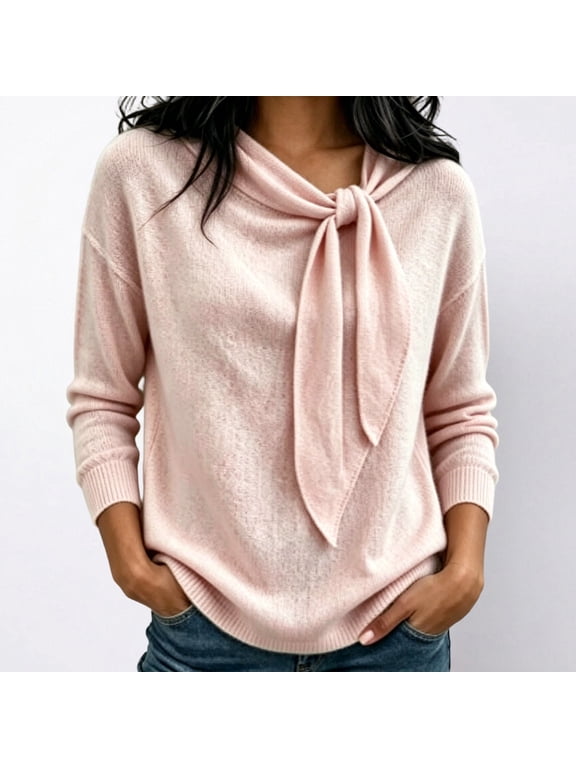 Knit Tops for Women Elegant Knotted Bow Neck Long Sleeve Casual Loose Fit Pullover Sweater Soft Trendy Solid Color Blouse for Fall Winter Daily Wear and Holiday