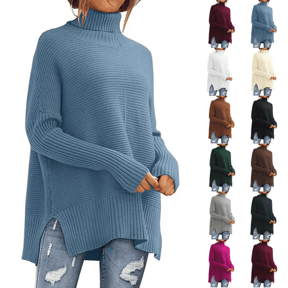 Knit Tops for Women Oversized Ribbed Turtleneck Batwing Sleeve Side Slit Hem Loose Fall Warm Soft Knit Long Length Tunic Sweater Casual Everyday Oversized Pullover Royal Blue S