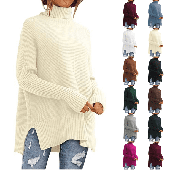 Knit Tops for Women Oversized Ribbed Turtleneck Batwing Sleeve Side Slit Hem Loose Fall Warm Soft Knit Long Length Tunic Sweater Casual Everyday Oversized Pullover Beige 2XL