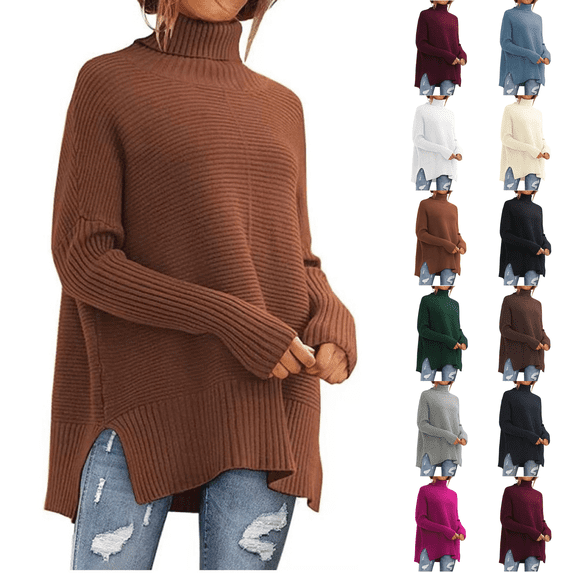 Knit Tops for Women Oversized Ribbed Turtleneck Batwing Sleeve Side Slit Hem Loose Fall Warm Soft Knit Long Length Tunic Sweater Casual Everyday Oversized Pullover Coffee M
