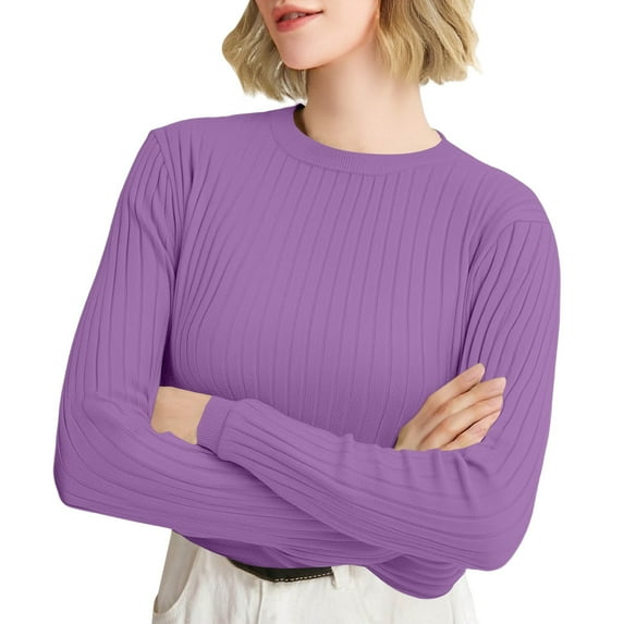 Knit Tops for Women, Yigetop Women's Autumn and Winter Round Neck Stripe Bottoming Shirt Fashion Versatile Sweater Solid Soft Sweater Womens Sweaters Purple 2XL