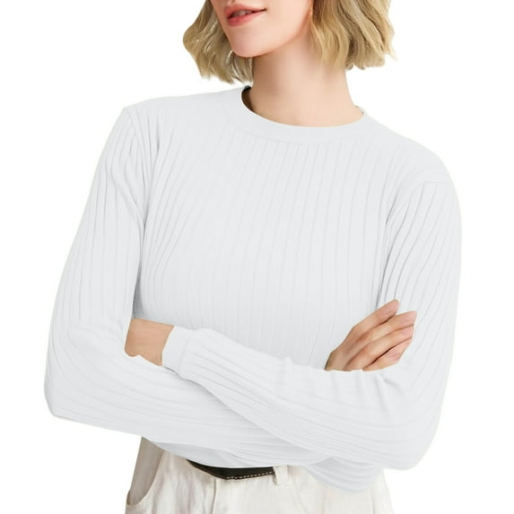 Knit Tops for Women, Yigetop Women's Autumn and Winter Round Neck Stripe Bottoming Shirt Fashion Versatile Sweater Solid Soft Sweater Womens Sweaters White XL