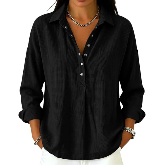 Knit Tops for Women 3/4 Sleeve T-Shirts V Neck Button Up Collared Shirts 2026 Loose Fit Plain Work Blouses